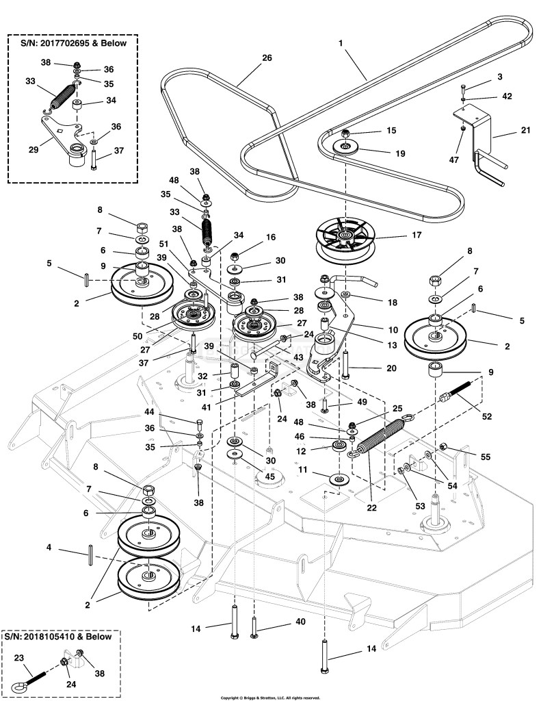 61 Mower Deck Group - Pulleys, Belts & Idler Arms - 2-Belt System