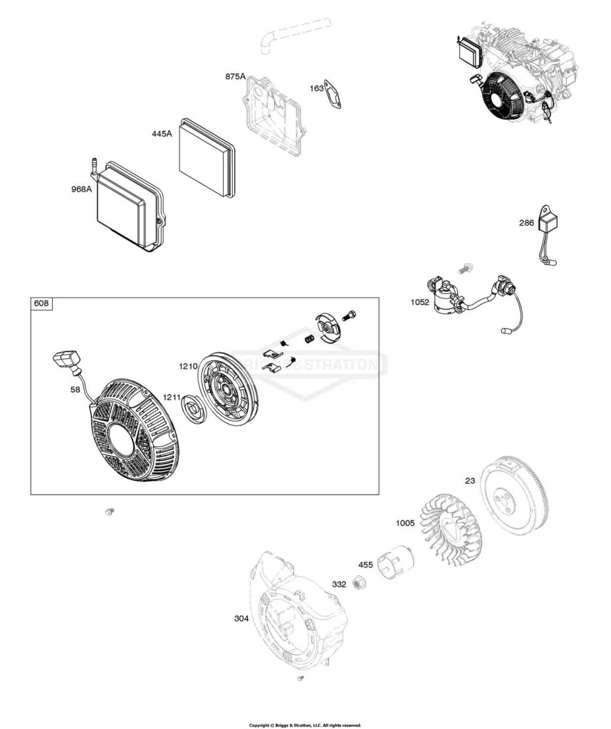 Air Cleaner, Oil Sensing, Blower Housing, Flywheel, Rewind Starter