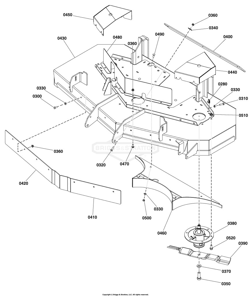 52 Mower Deck - Housing, Covers, Spindles, & Blades (Rear Discharge) S/N: 2017753322 & Above