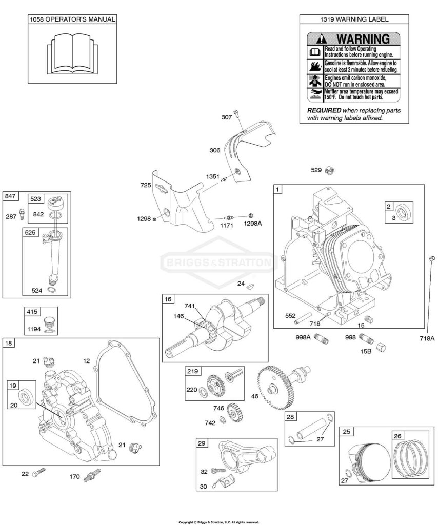 Camshaft, Crankcase Cover, Crankshaft, Cylinder, Lubrication, Operator's Manual, Piston/Rings/Connecting Rod, Warning Label