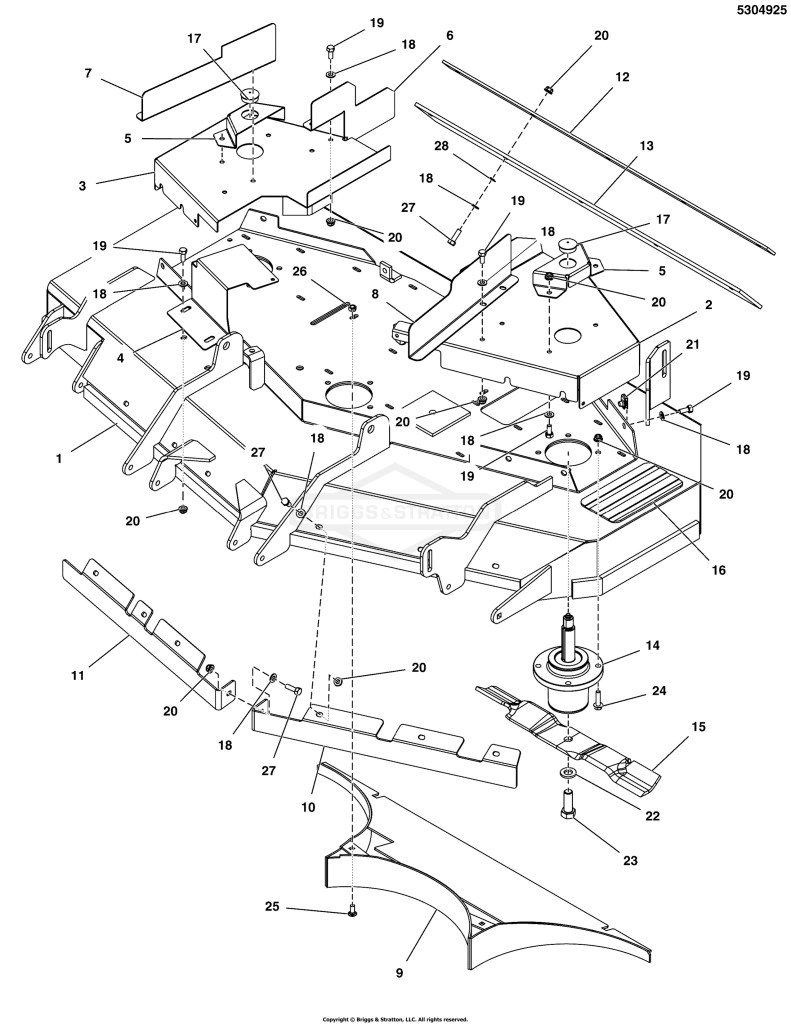 52 Mower Deck Group - Housing, Covers, Spindles & Blades S/N: 2017954955 & Below