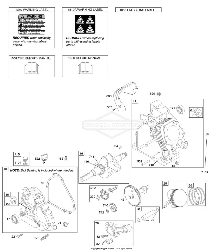 Camshaft, Crankcase Cover, Crankshaft, Cylinder, Lubrication, Operator's Manual, Piston/Rings/Connecting Rod, Warning Label