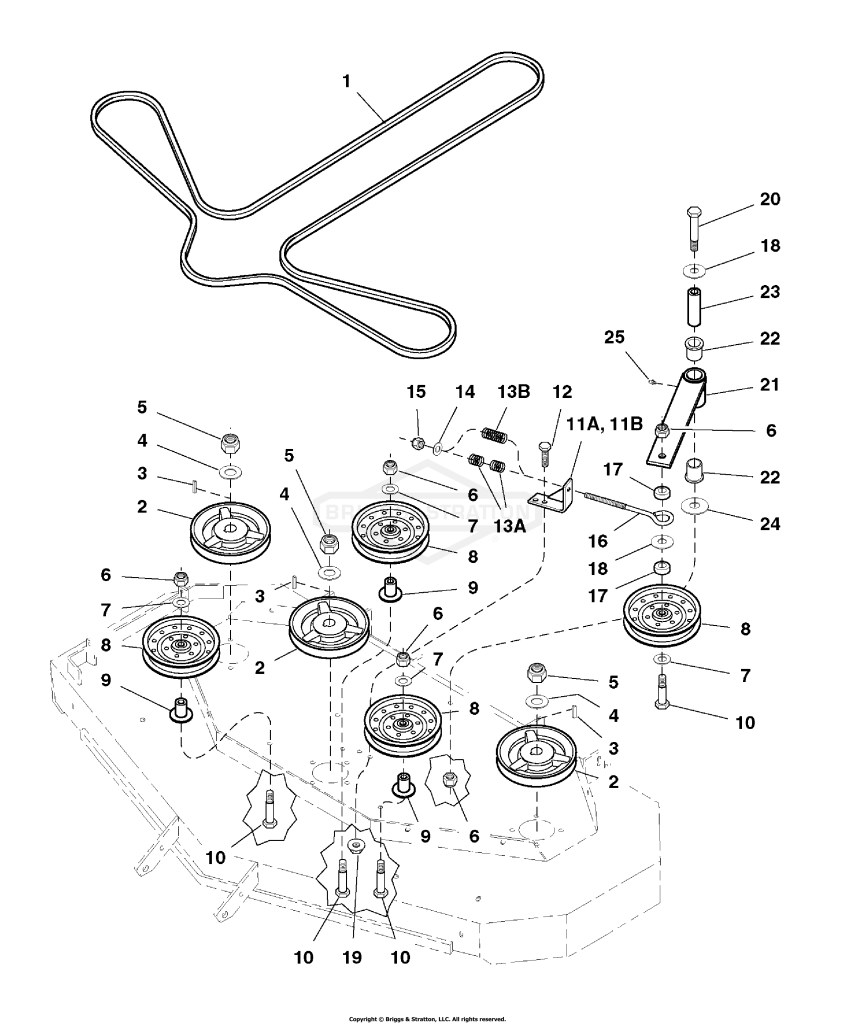 61 Mower Deck - Pulleys, Belt & Idler Arm (S/N: 251 & above)