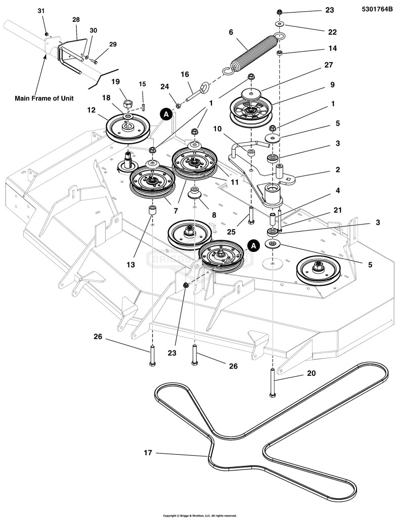 61 Mower Deck Group - Pulleys, Belt & Idler Arm S/N: 2017681137 & Above