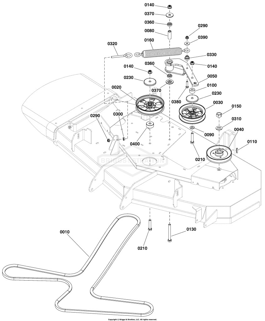 52 Mower Deck Group - Pulleys, Belt, and Idler Arm S/N: 4001694244 and below