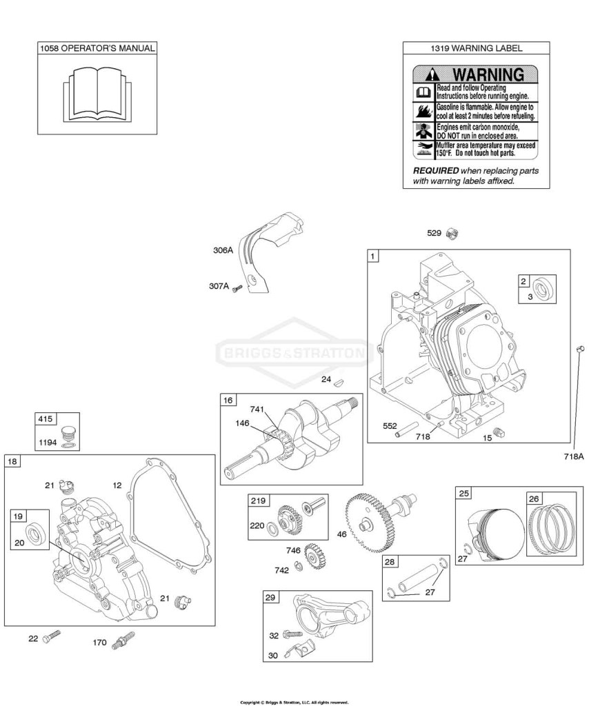 Camshaft, Crankcase Cover, Crankshaft, Cylinder, Operator's Manual, Piston/Rings/Connecting Rod, Warning Label