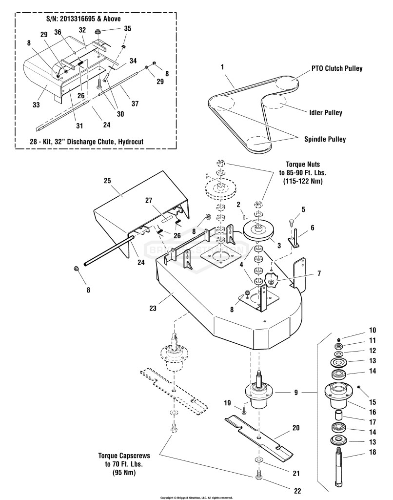 32 Mower Deck - Housing, Spindles, Blades, & Pulleys Group