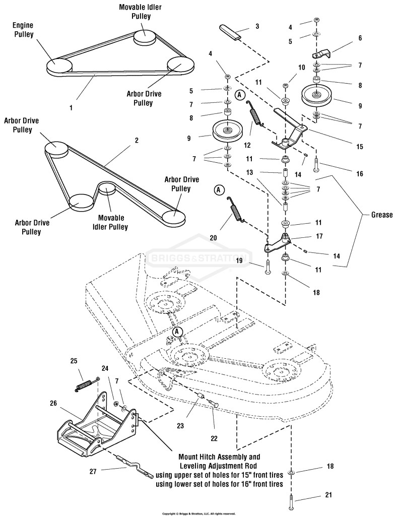 44 Mower Deck - Belt, Idler Arm & Hitch