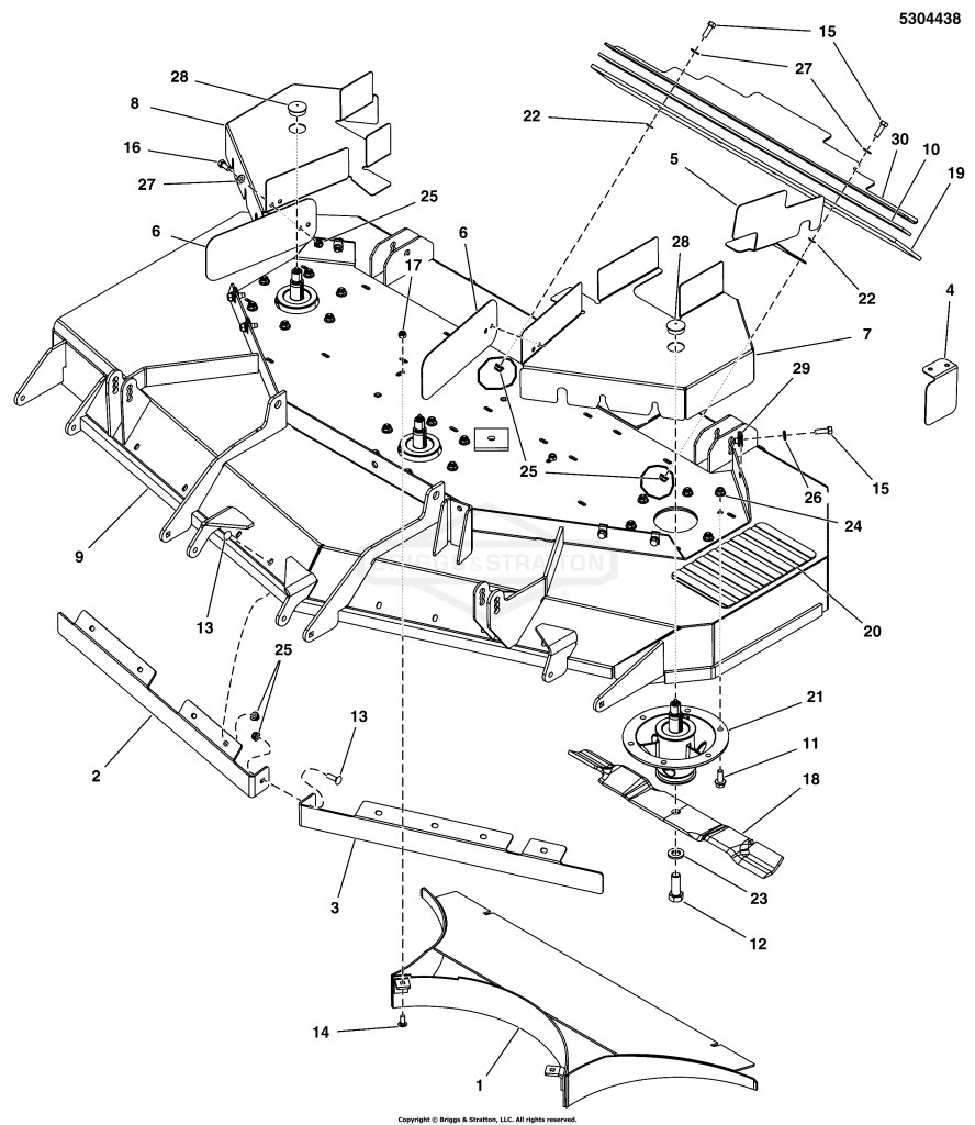 61 Mower Deck Group - Housing, Covers, Spindles & Blades (Rear Discharge)