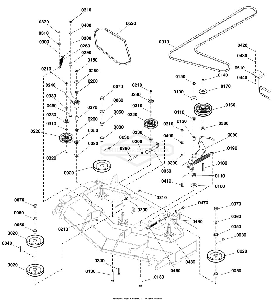 61 Mower Deck Group - Pulleys, Belts & Idler Arms (2 Belt System)