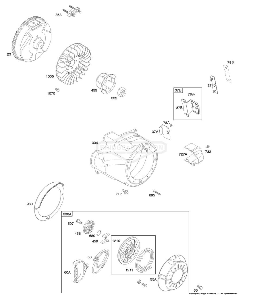 Blower Housing, Flywheel, Rewind Starter