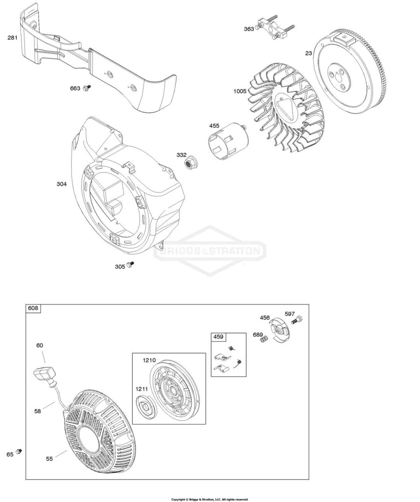 Blower Housing, Flywheel, Rewind Starter