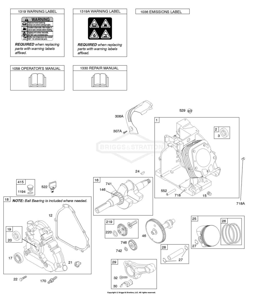Camshaft, Crankcase Cover, Crankshaft, Cylinder, Lubrication, Operator's Manual, Piston/Rings/Connecting Rod, Warning Label