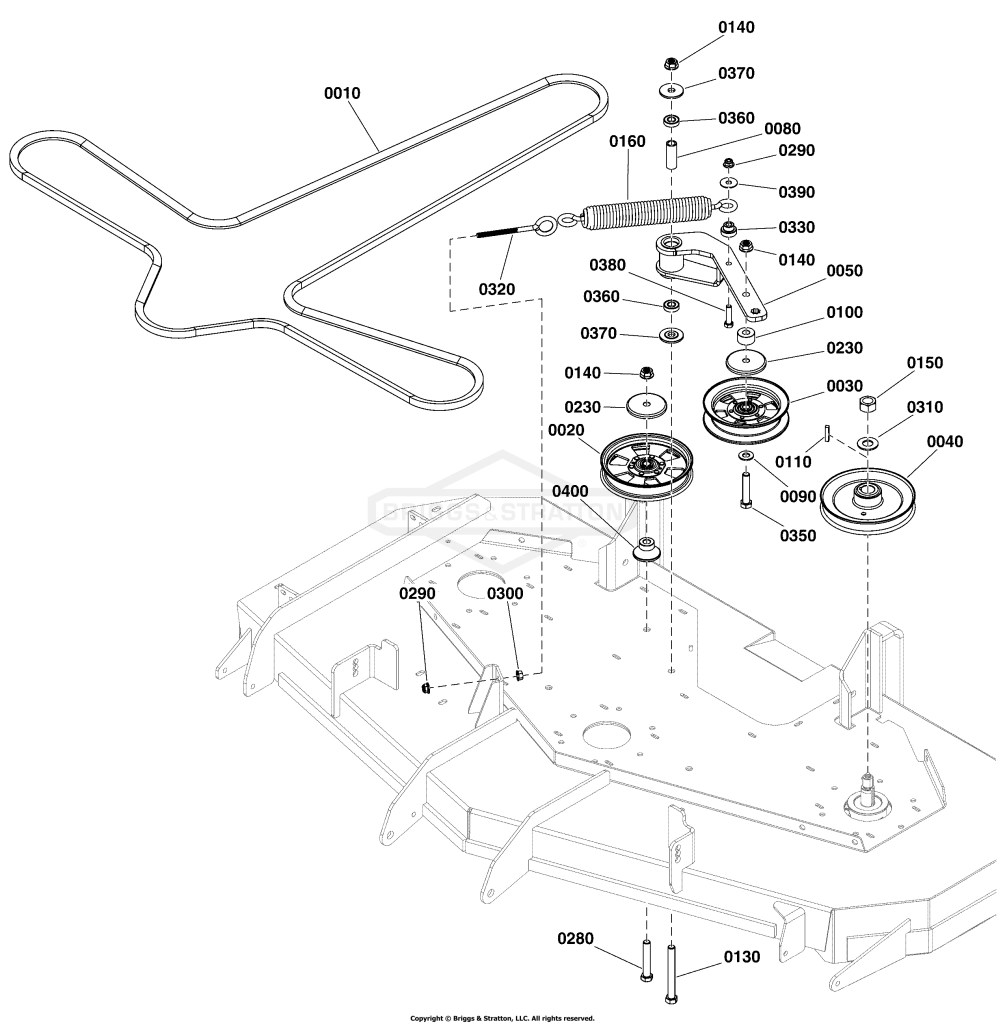 61 Mower Deck Group - Pulleys, Belt, and Idler Arm S/N: 4001694244 and below