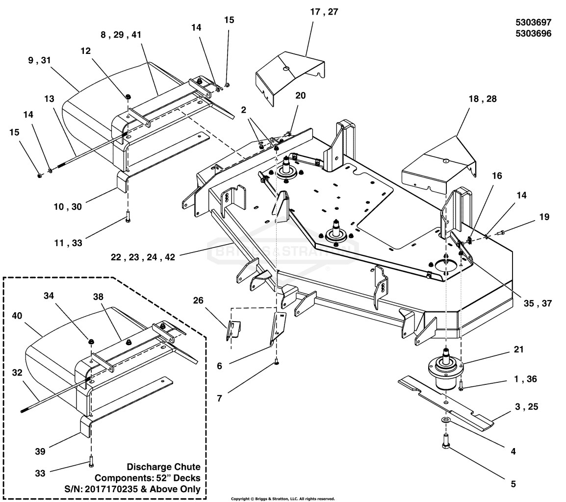 48 & 52 Mower Deck Group - Housing, Covers, Spindles, & Blades S/N: 2017958999 & Below
