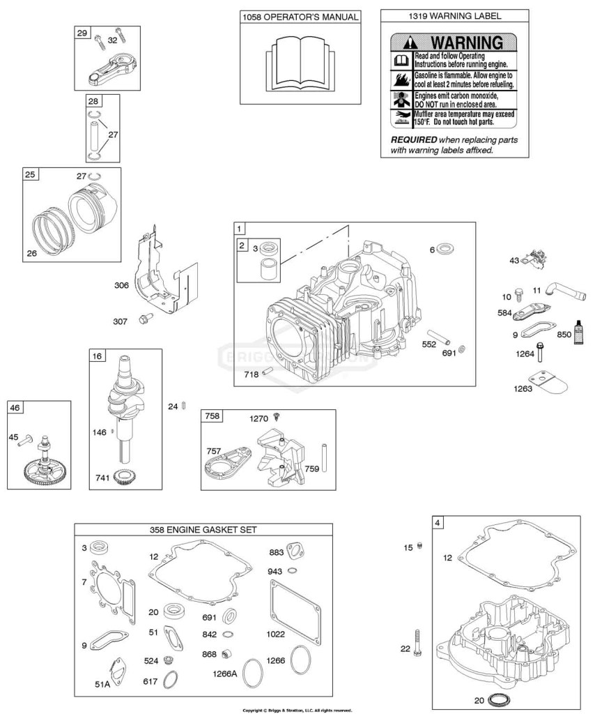 Camshaft, Crankshaft, Cylinder, Engine Sump, Gasket Set - Engine, Operator's Manual, Piston, Rings, Connecting Rod, Warning Label