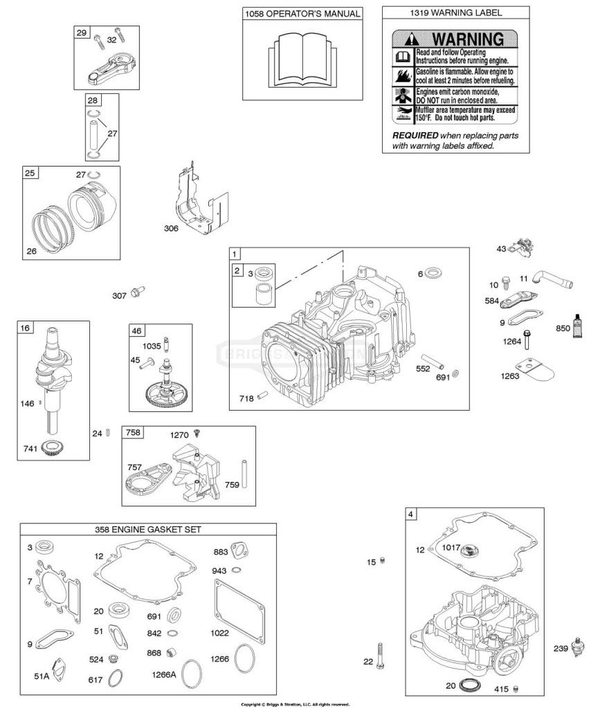 Camshaft, Crankshaft, Cylinder, Engine Sump, Gasket Set - Engine, Operator's Manual, Piston, Rings, Connecting Rod, Warning Label