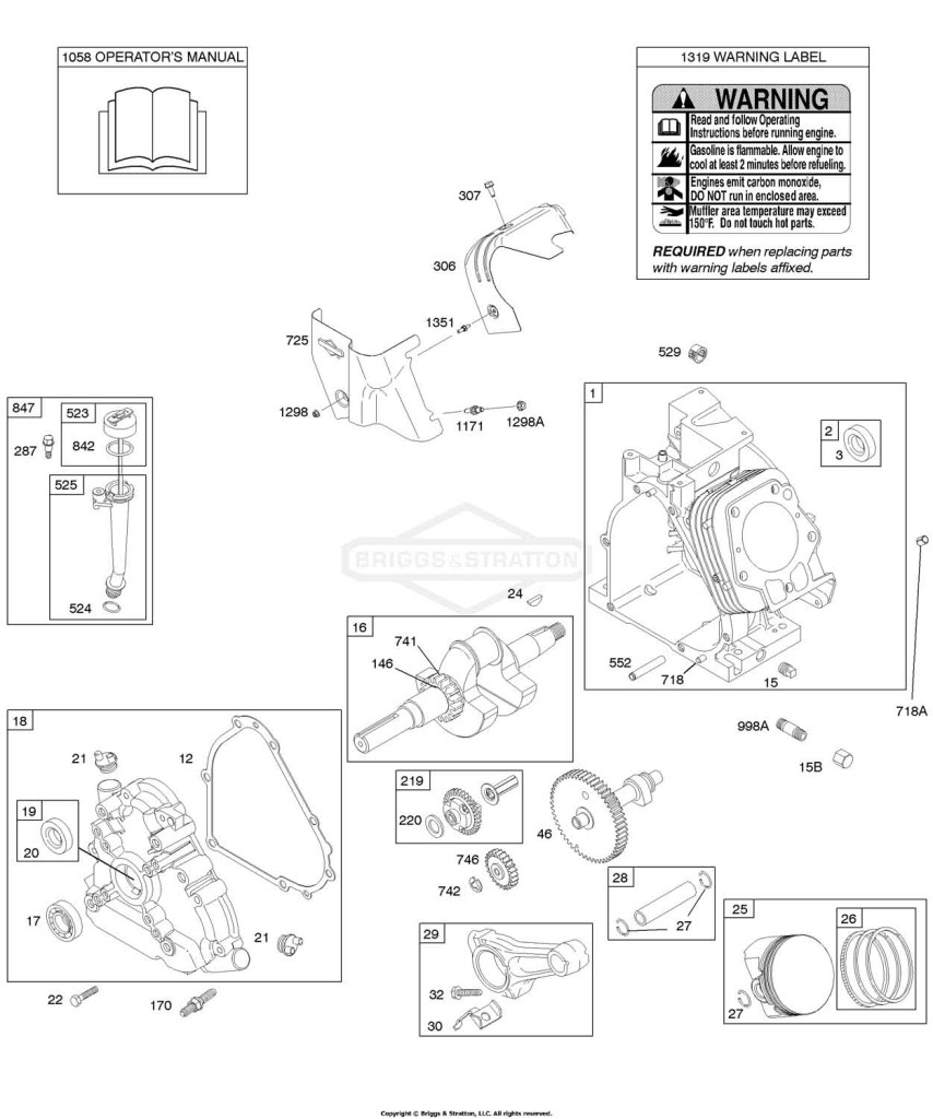 Camshaft, Crankcase Cover, Crankshaft, Cylinder, Lubrication, Operator's Manual, Piston/Rings/Connecting Rod, Warning Label