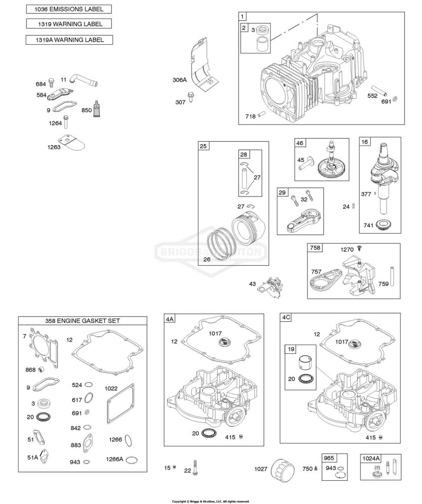 CAMSHAFT, CRANKSHAFT, CYLINDER, ENGINE SUMP, GASKET SET-ENGINE, LUBRICATION, PISTON, RINGS, AND CONNECTING ROD, WARNING LABEL