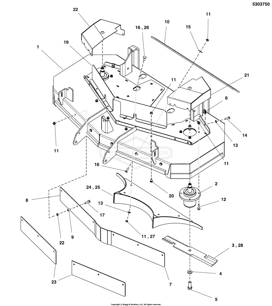 48 Mower Deck - Housing, Covers, Spindles, & Blades (Rear Discharge) S/N: 2017753266 & Below