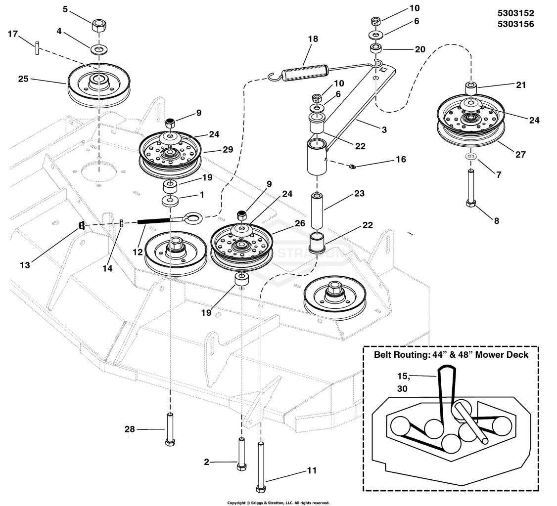 44 (S/N 2017612394 & Below) & 48 (S/N 2016893014 & Below) Mower Deck - Pulleys, Belt & Idler Arm