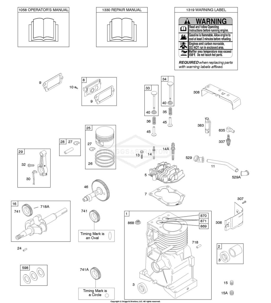 Camshaft, Crankshaft, Cylinder, Cylinder Head, Operator's Manual, Piston/Rings/Connecting Rod, Warning Label