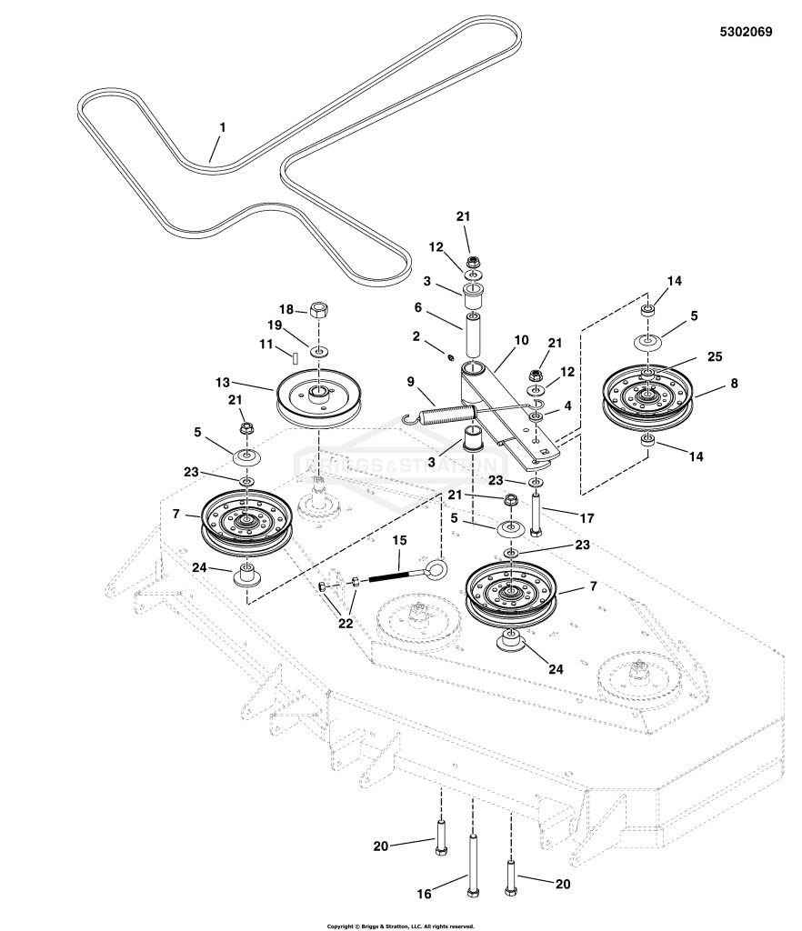 52 Mower Deck - Pulleys, Belt & Idler Arm Export Models