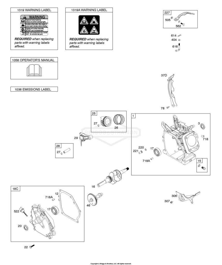 Camshaft, Crankcase Cover, Crankshaft, Cylinder, Operator's Manual, Piston/Rings/Connecting Rod, Warning Label