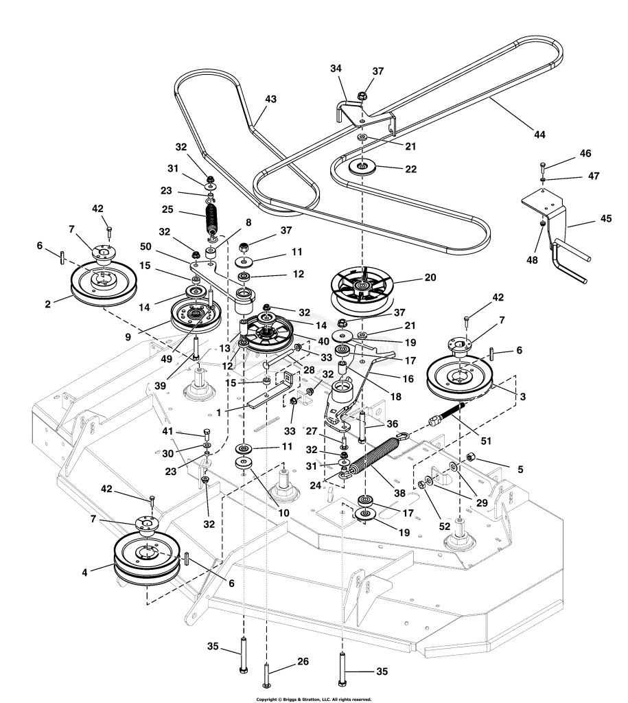 72 Mower Deck Group - Pulleys, Belts & Idler Arms (2 Belt System)