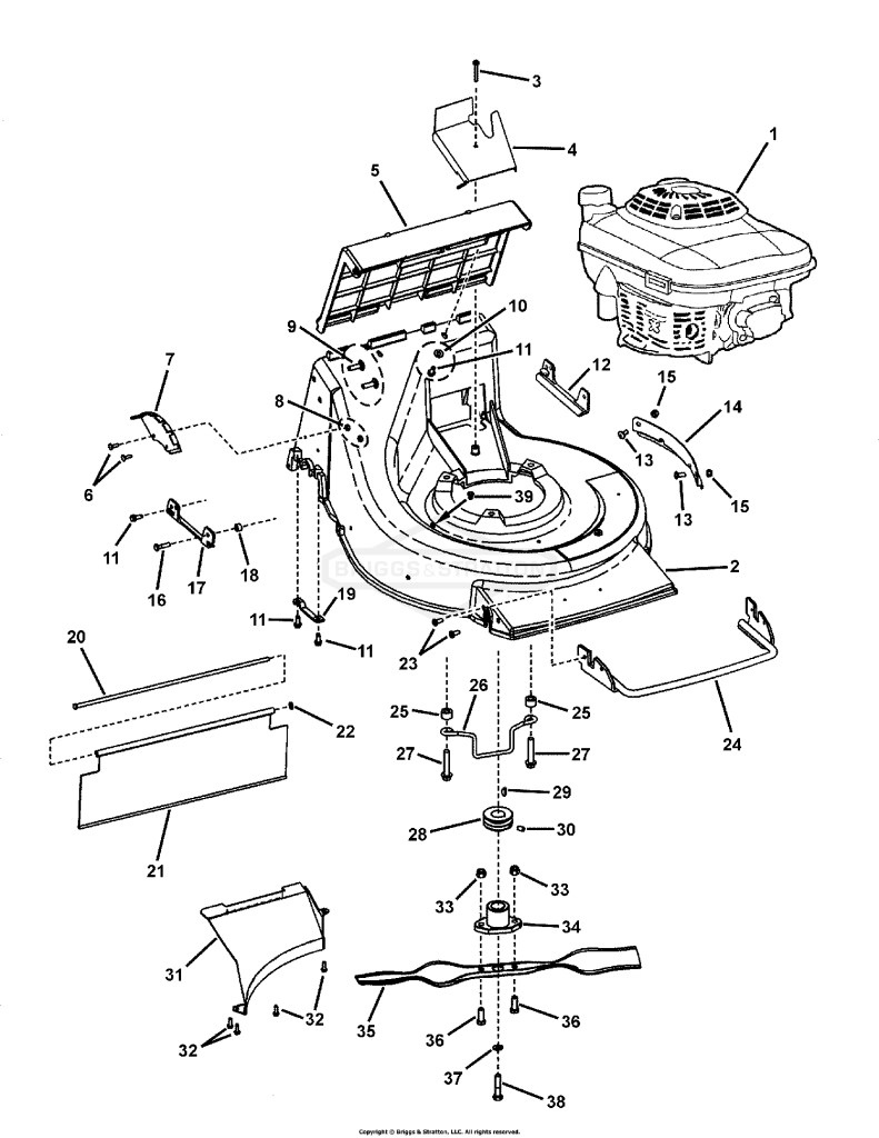 ENGINE, CUTTING DECK, BLADE