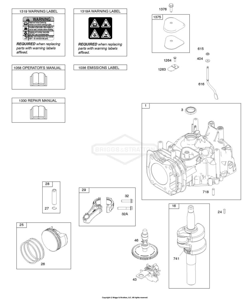 Camshaft, Crankshaft, Cylinder, Operator's Manual, Piston/Rings/Connecting Rod, Warning Label