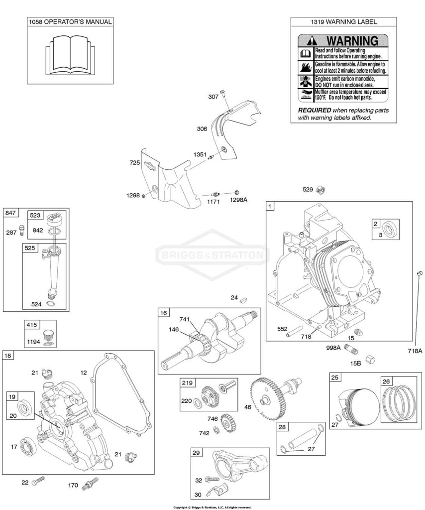 Camshaft, Crankcase Cover, Crankshaft, Cylinder, Lubrication, Operator's Manual, Piston/Rings/Connecting Rod, Warning Label