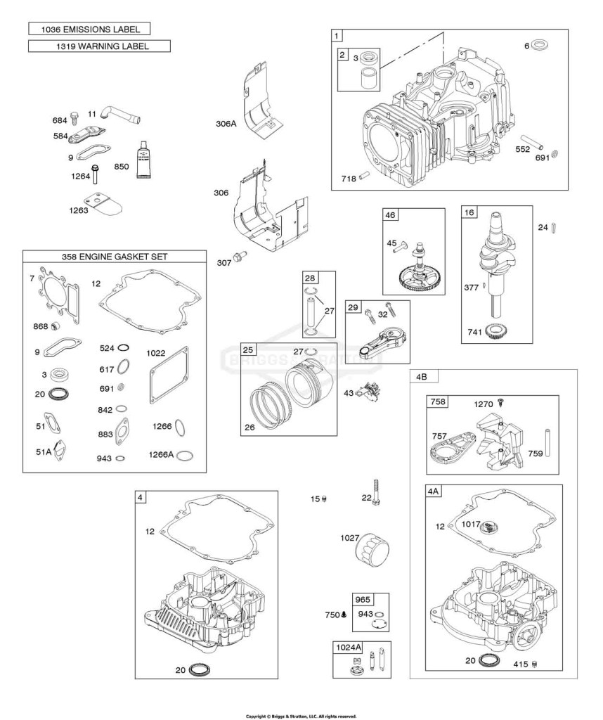 Camshaft, Crankshaft, Counterweight, Cylinder, Engine Sump, Gasket Set - Engine, Operator's Manual, Piston, Rings, Connecting Rod, Warning Label