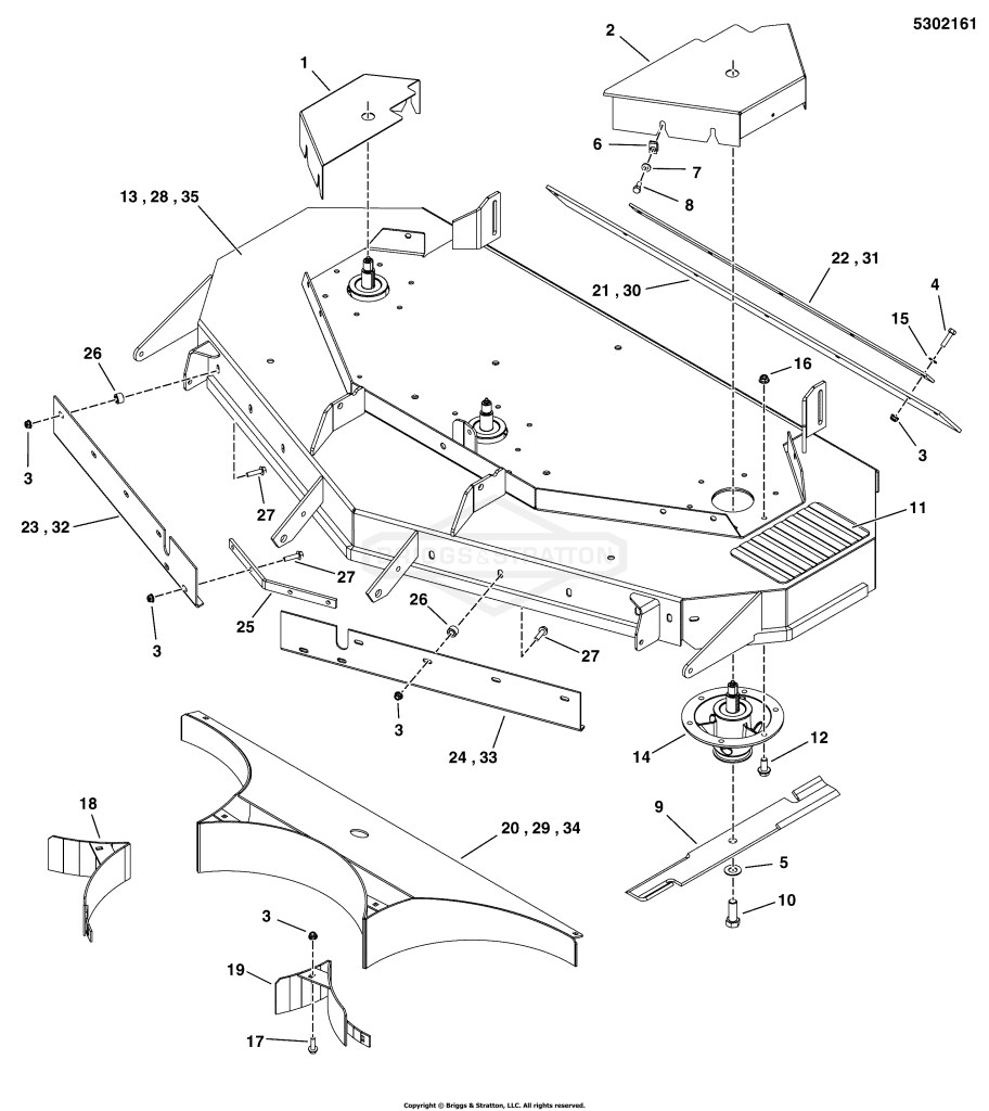 61 Mower Deck - Housing, Covers, Spindles & Blades (Rear Discharge)
