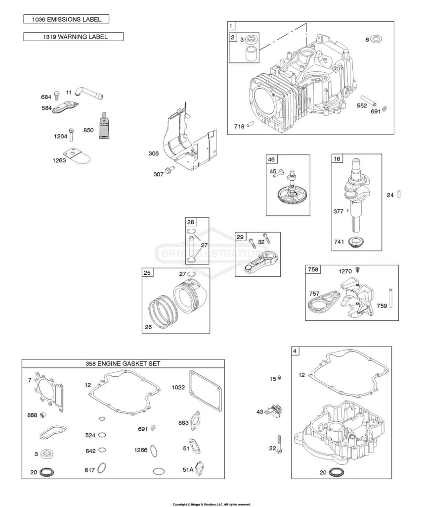 Camshaft, Crankshaft, Cylinder, Engine Sump, Gasket Set - Engine, Lubrication, Operator's Manual, Piston, Rings, Connecting Rod, Warning Label