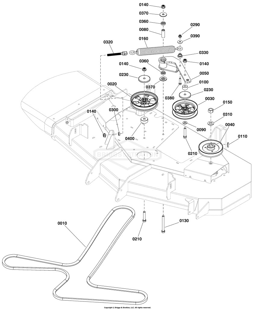 52 Mower Deck Group - Pulleys, Belt, and Idler Arm