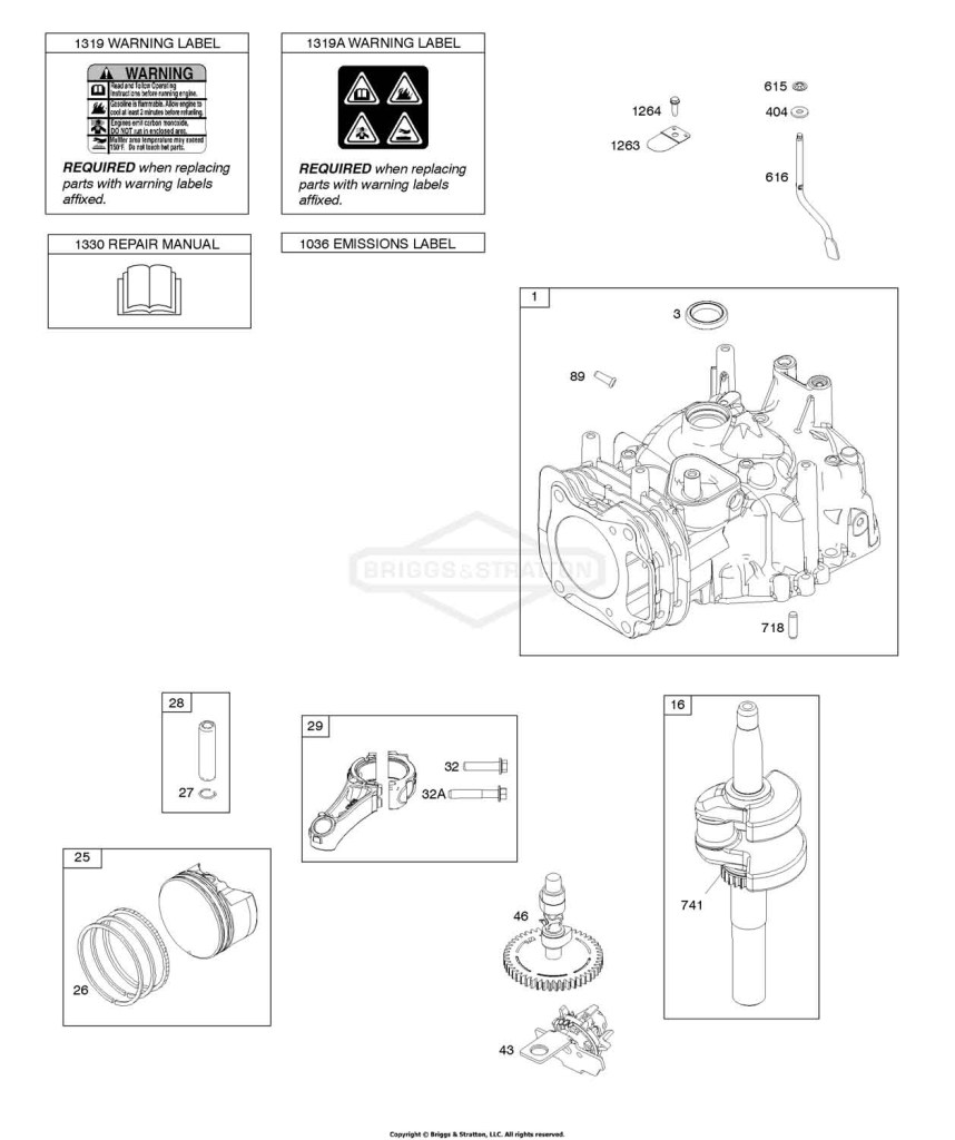 Camshaft, Crankshaft, Cylinder, Piston, Rings, Connecting Rod, Warning Label
