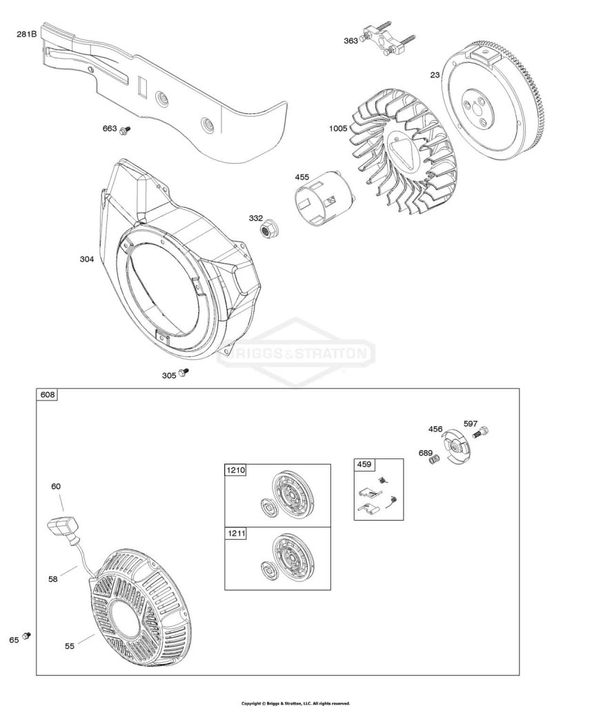 Blower Housing, Flywheel, Rewind Starter