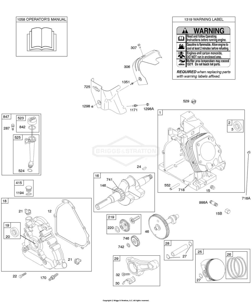 Camshaft, Crankcase Cover, Crankshaft, Cylinder, Lubrication, Operator's Manual, Piston/Rings/Connecting Rod, Warning Label