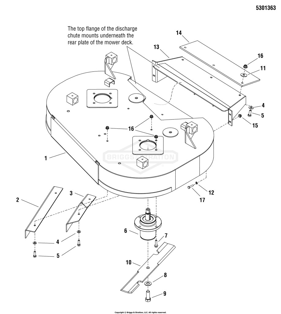 36 Mower Deck - Housing, Covers, Spindles & Blades (Rear Discharge)
