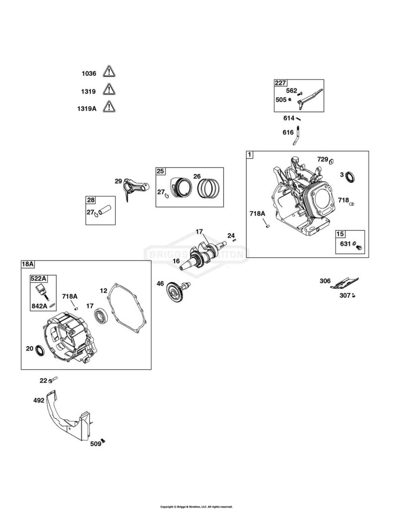 Camshaft, Crankcase Cover, Crankshaft, Cylinder, Operator's Manual, Piston/Rings/Connecting Rod, Warning Label