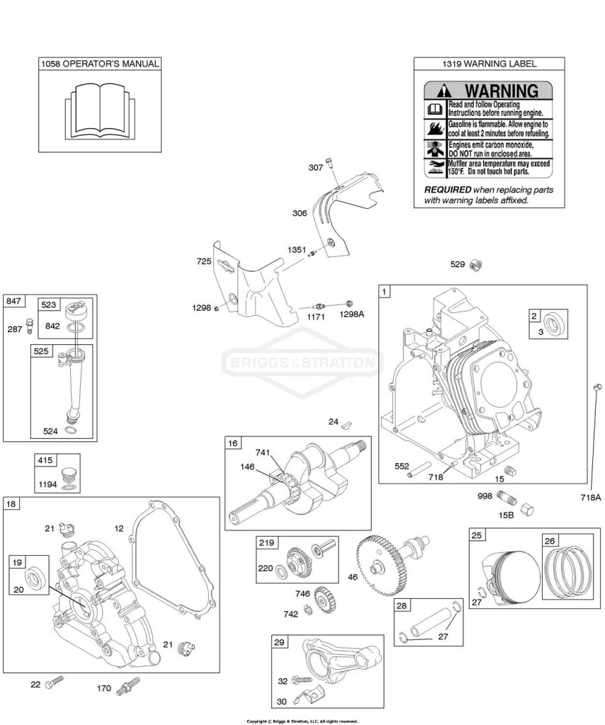 Camshaft, Crankcase Cover, Crankshaft, Cylinder, Lubrication, Operator's Manual, Piston/Rings/Connecting Rod, Warning Label