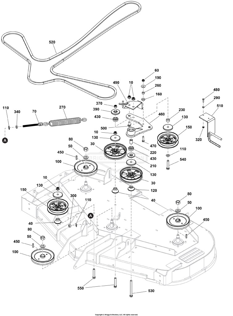 60 Mower Deck Group - Pulleys, Belts, and Idler Arm