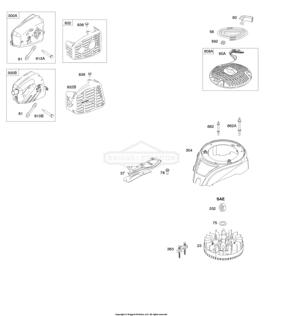 Blower Housing, Exhaust System, Flywheel, Rewind Starter