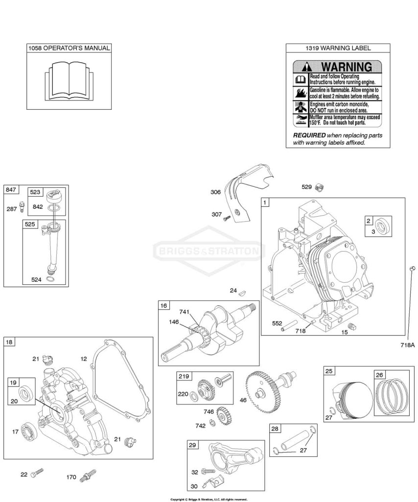 Camshaft, Crankcase Cover, Crankshaft, Cylinder, Lubrication, Operator's Manual, Piston/Rings/Connecting Rod, Warning Label