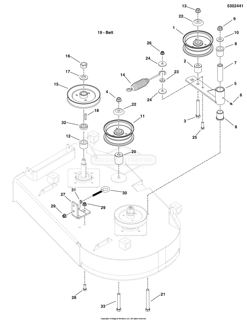 36 Mower Deck - Pulleys, Belt & Idler Arm (Kawasaki FS Engines)