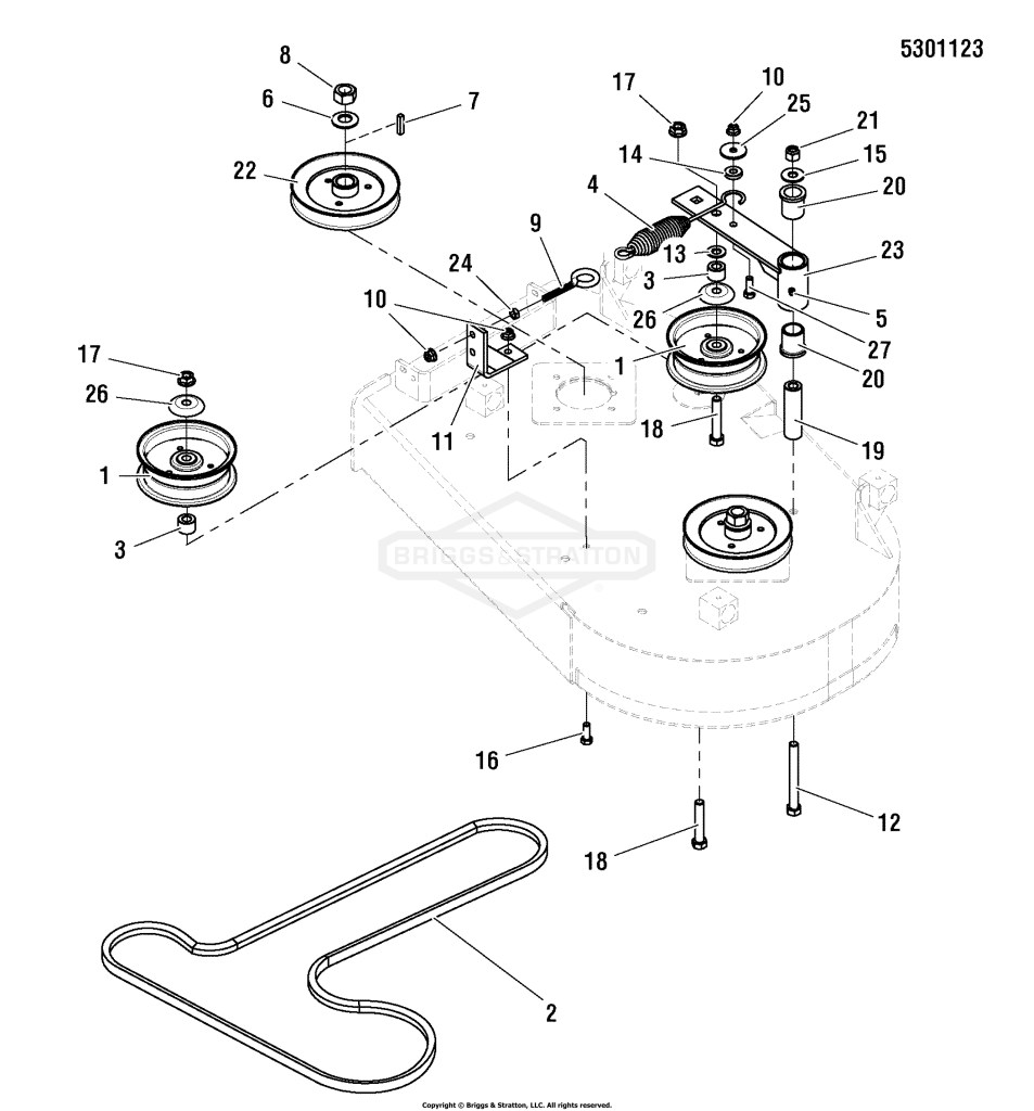 36 Mower Deck - Pulleys, Belts & Idler Arm (Kawasaki FH Engines)