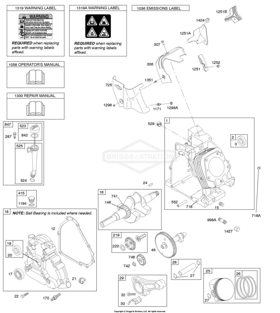 Camshaft, Crankcase Cover, Crankshaft, Cylinder, Lubrication, Operator's Manual, Piston/Rings/Connecting Rod, Warning Label