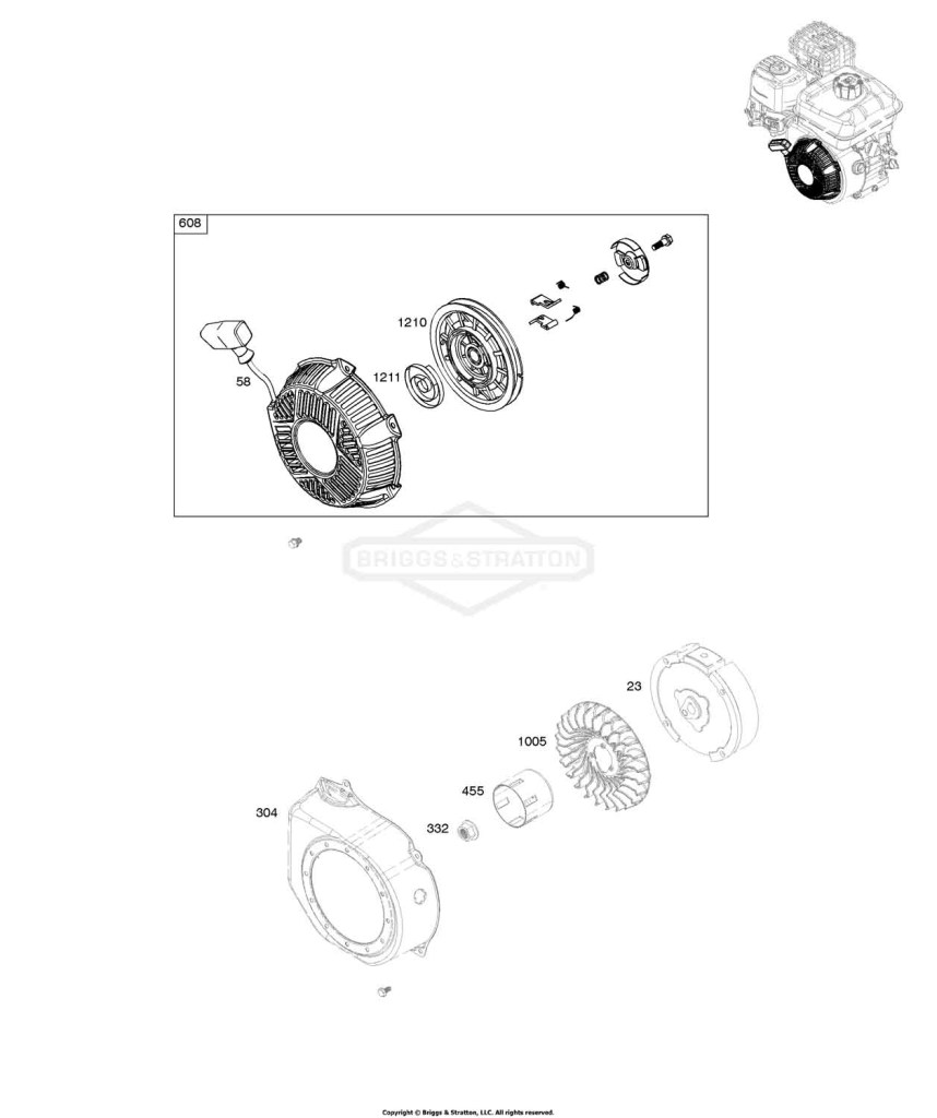 Blower Housing, Flywheel, Rewind Starter
