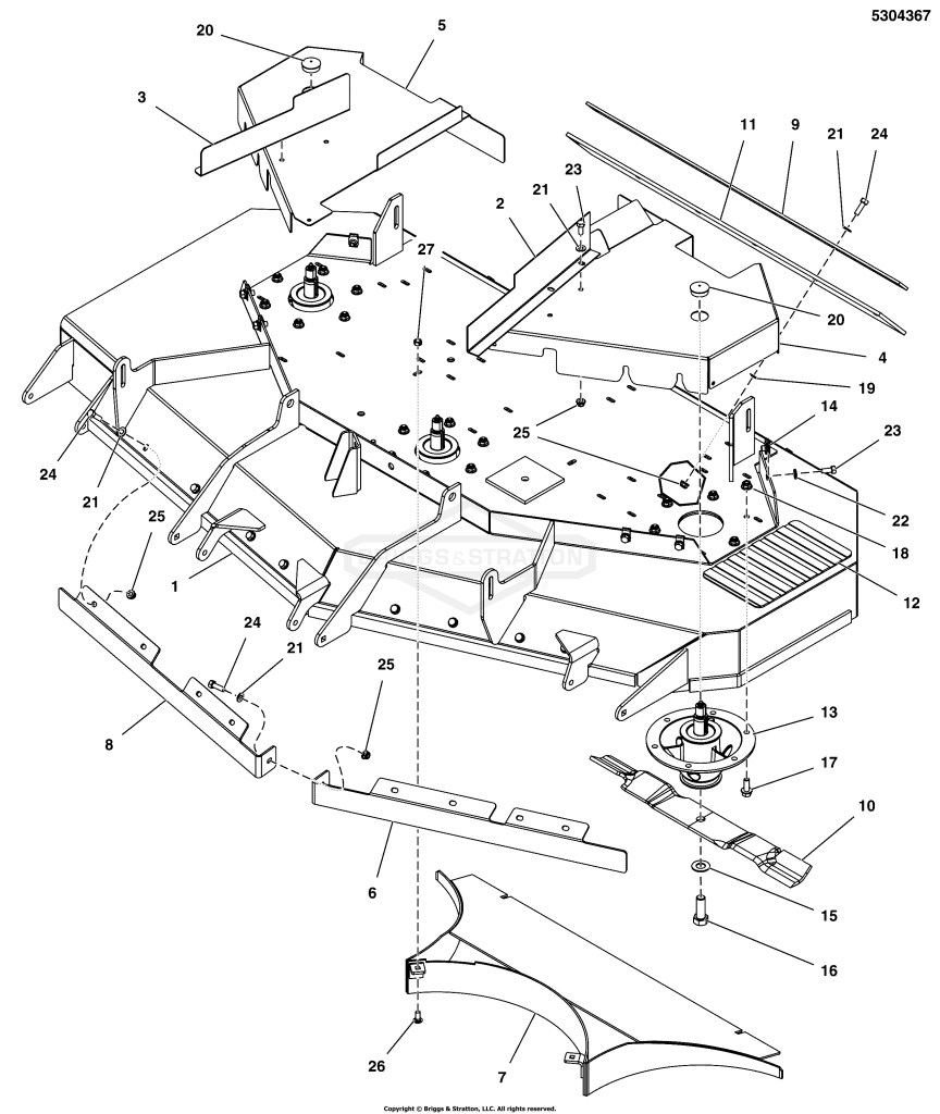61 Mower Deck - Housing, Covers, Spindles & Blades (Rear Discharge)